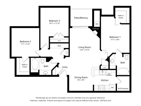 Floor plan for 3 beds, 2 baths, 1300 sqft